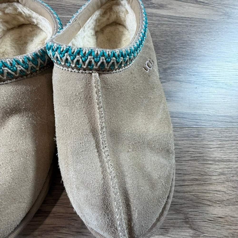 UGG Kids Tasman Suede Slippers Tan Teal Braid Trim Size 4 1019066K Slide Casual - Picture 6 of 16